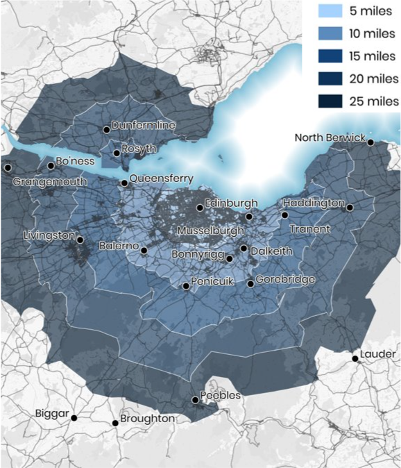 Figure 18 - 25 mile range map from Edinburgh in 5 mile increments