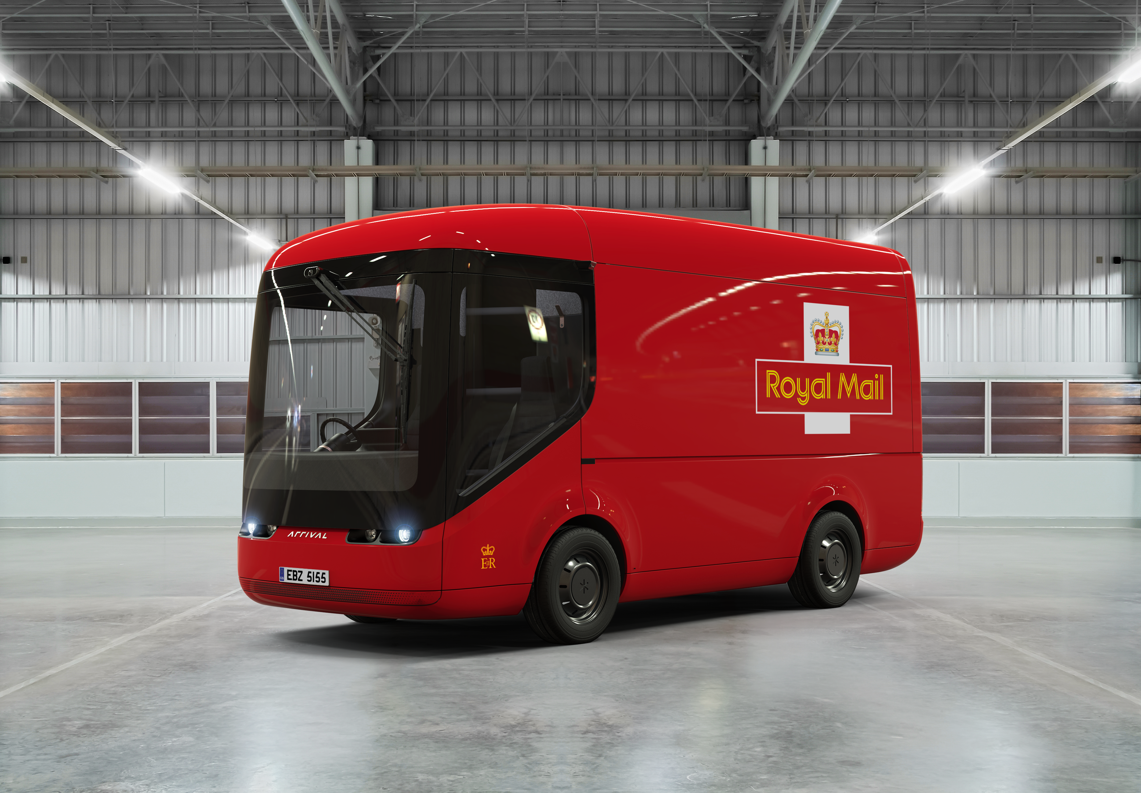 A red van in a warehouse